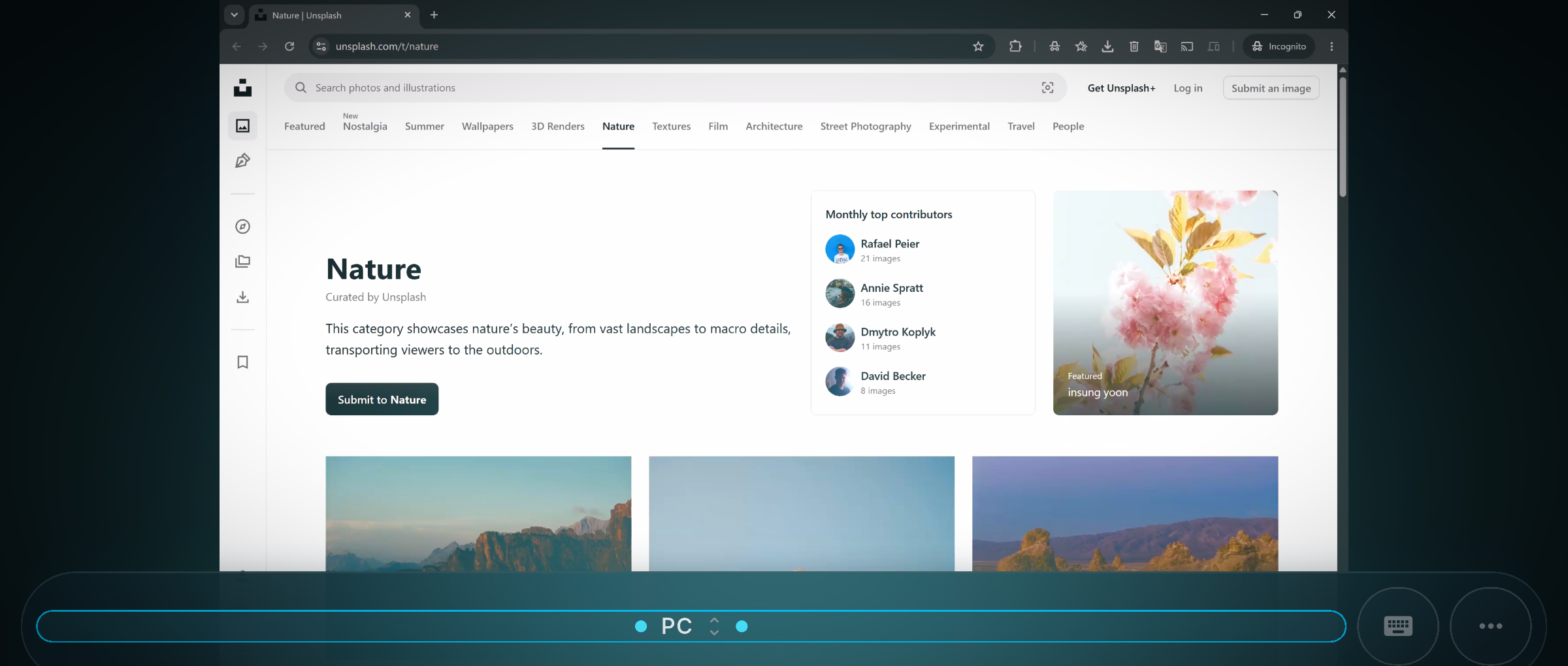 A phone held sideways, live-mirroring a Windows 11 desktop with a browser open to nature photography, and PC Tether's control bar along the bottom.